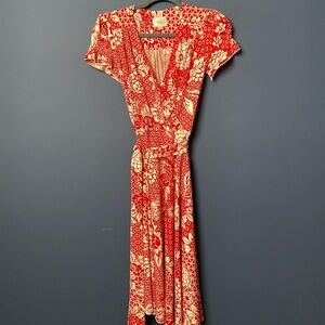ECI Vibrant Red and Cream Patterned Maxi Dress